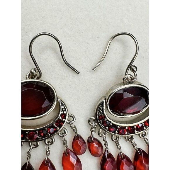 Vintage Monet Silver Tone Red Crystal Rhinestone Chandelier Dangle Drop Earrings - Picture 6 of 6
